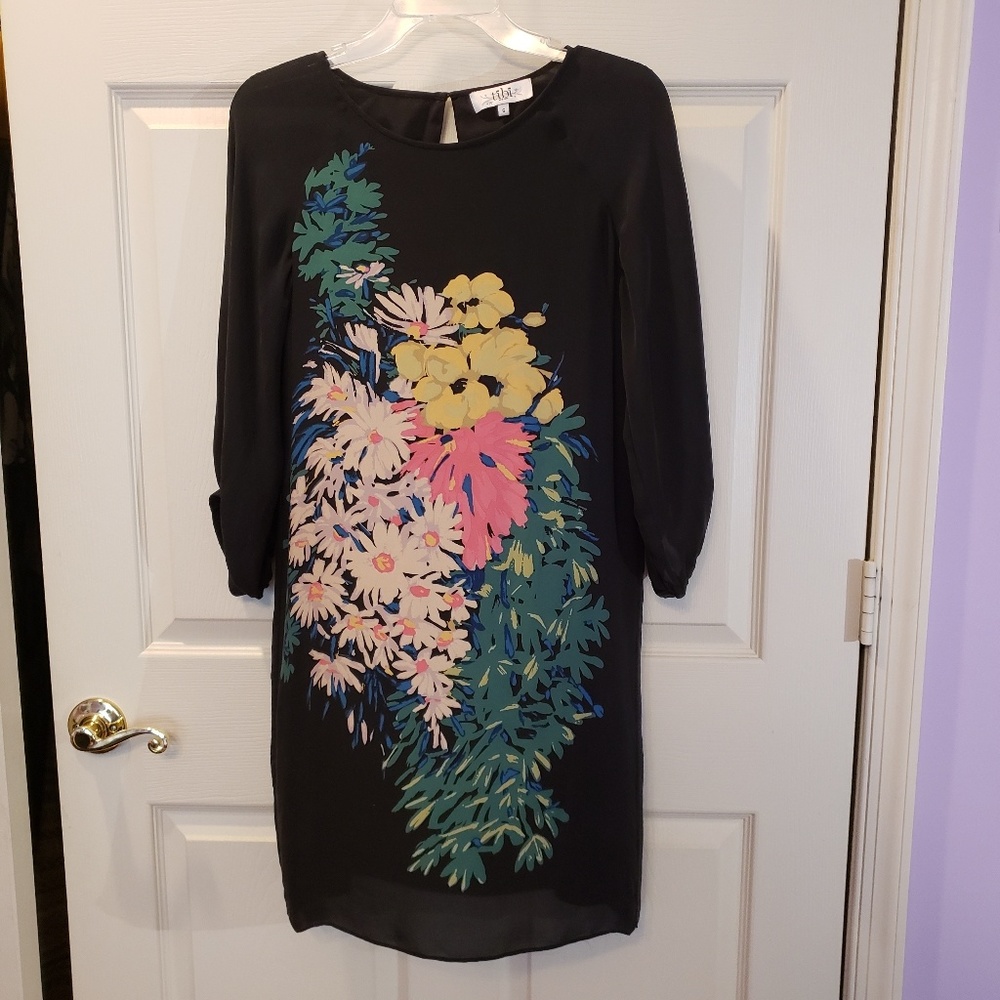 Tibi Black Silk Floral Print Belted Sheath Dress